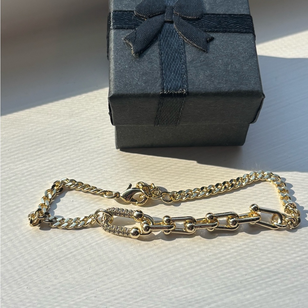 Gold Plated Mixed Chain Bracelet w/ Pavé Link ✨ Trendy Chunky Statement Jewelry - Picture 5 of 7
